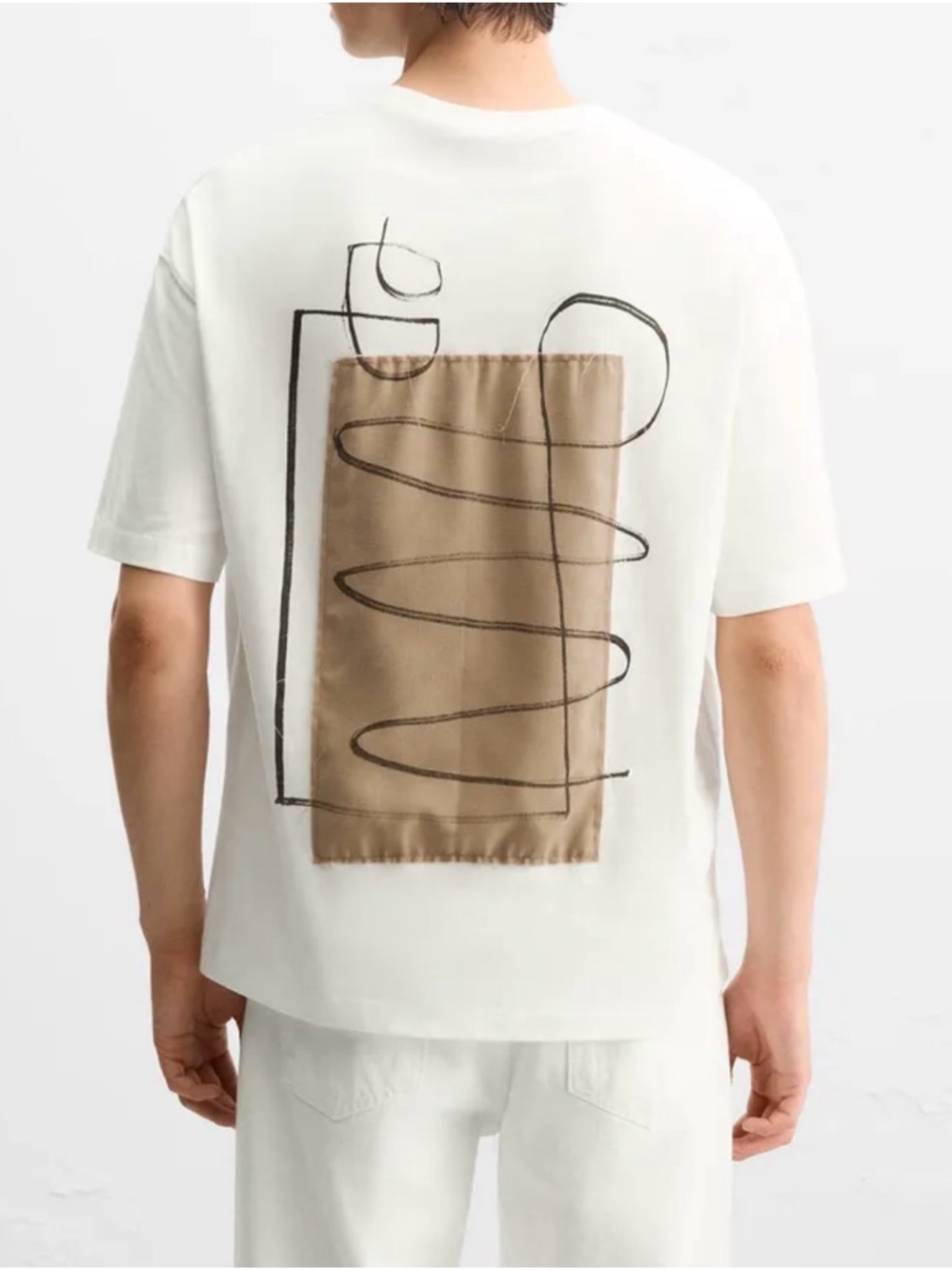 Zara White Short-Sleeve T-Shirt with Brown Back Patch and Black Line Graphic